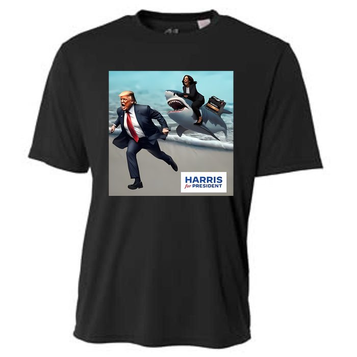 Political Poet Donald Trump And Kalama Harris Riding A Shark Cooling Performance Crew T-Shirt