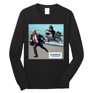 Political Poet Donald Trump And Kalama Harris Riding A Shark Long Sleeve Shirt