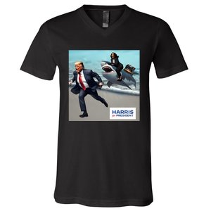 Political Poet Donald Trump And Kalama Harris Riding A Shark V-Neck T-Shirt