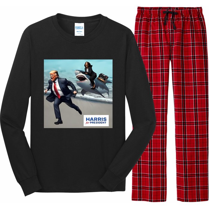 Political Poet Donald Trump And Kalama Harris Riding A Shark Long Sleeve Pajama Set