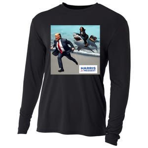 Political Poet Donald Trump And Kalama Harris Riding A Shark Cooling Performance Long Sleeve Crew