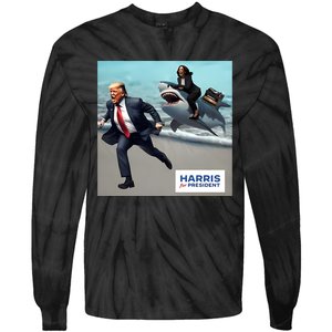 Political Poet Donald Trump And Kalama Harris Riding A Shark Tie-Dye Long Sleeve Shirt