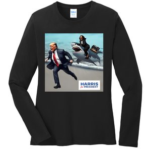 Political Poet Donald Trump And Kalama Harris Riding A Shark Ladies Long Sleeve Shirt