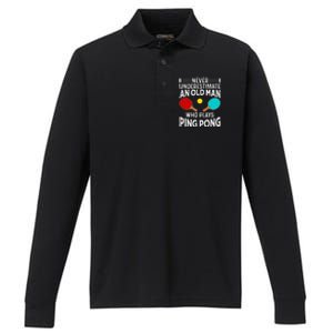 Ping Pong Design Dad Grandpa Table Tennis Player Performance Long Sleeve Polo