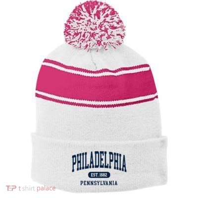 Philadelphia PA Est 1871 Arched Varsity Text Philly Stripe Pom Pom Beanie
