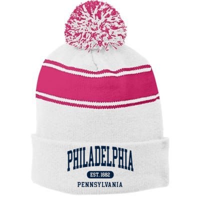 Philadelphia PA Est 1871 Arched Varsity Text Philly Stripe Pom Pom Beanie