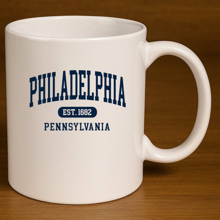 Philadelphia PA Est 1871 Arched Varsity Text Philly 11oz C Handle Ceramic Mug