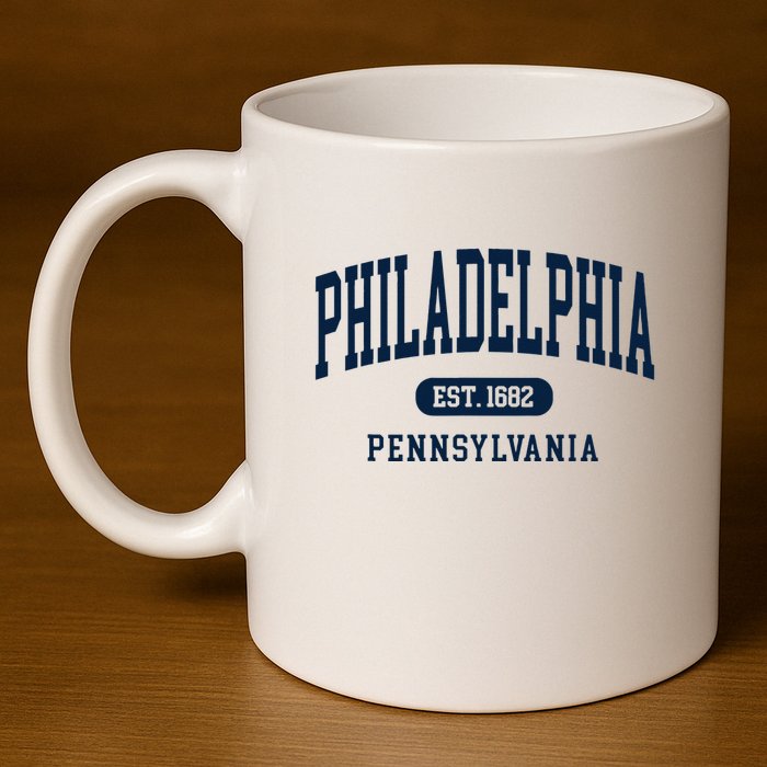 Philadelphia PA Est 1871 Arched Varsity Text Philly 11oz C Handle Ceramic Mug