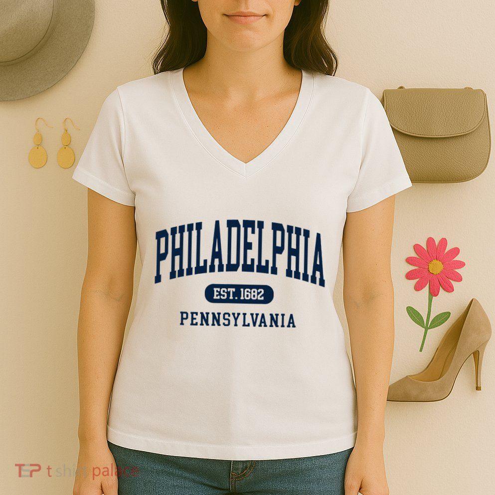 Philadelphia PA Est 1871 Arched Varsity Text Philly Women's V-Neck T-Shirt