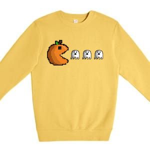 Pixel Pumpkin Eating Ghosts Cute Gamer Halloween Gift Premium Crewneck Sweatshirt