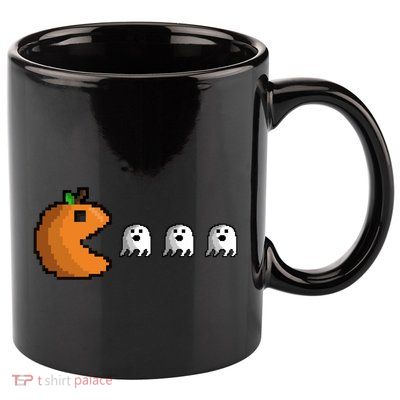 Pixel Pumpkin Eating Ghosts Cute Gamer Halloween Gift 11oz C Handle Ceramic Mug