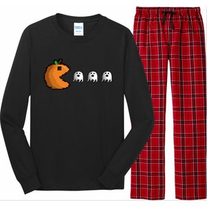 Pixel Pumpkin Eating Ghosts Cute Gamer Halloween Gift Long Sleeve Pajama Set