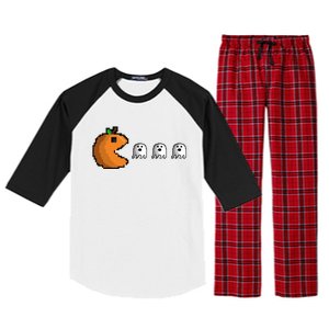 Pixel Pumpkin Eating Ghosts Cute Gamer Halloween Gift Raglan Sleeve Pajama Set