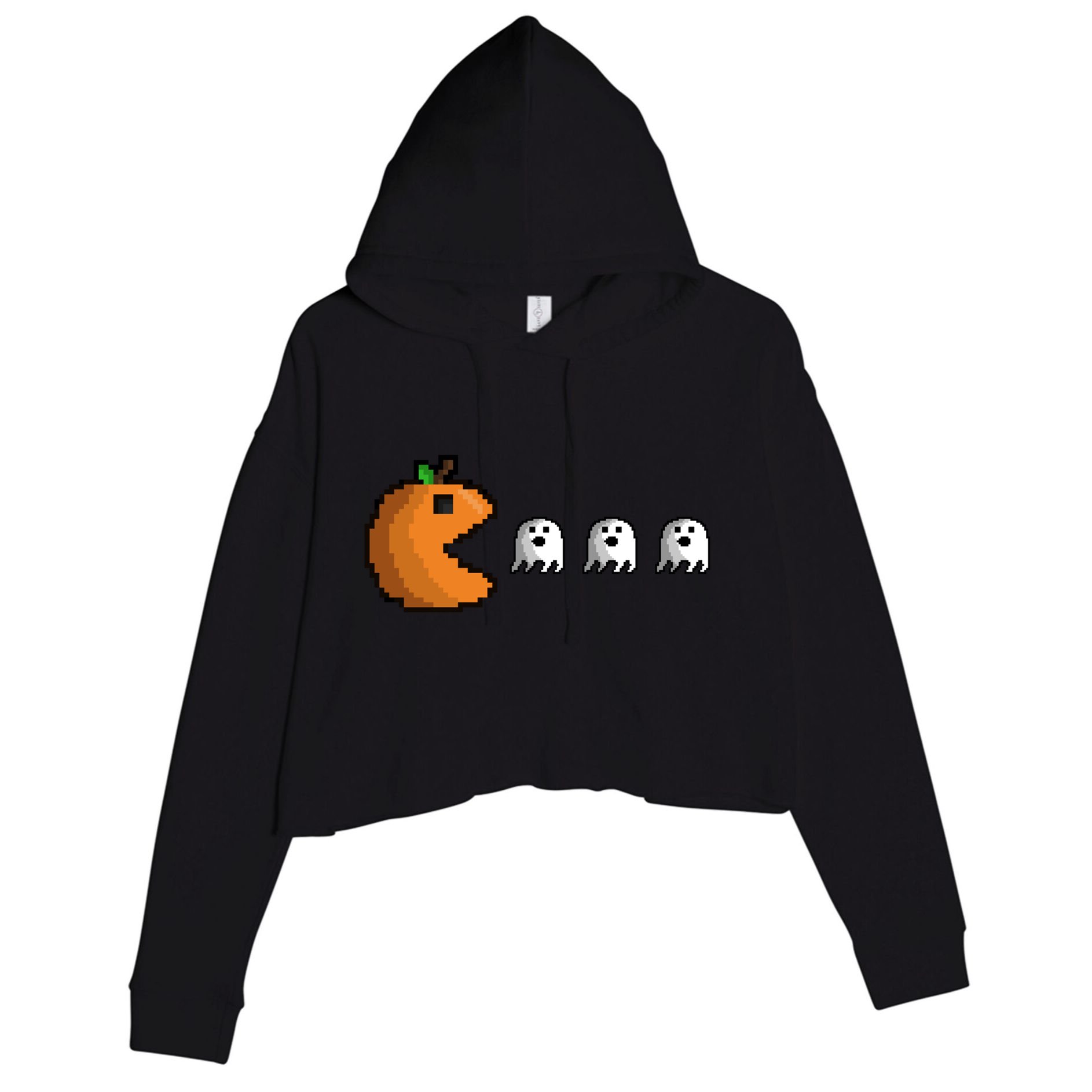 Pixel Pumpkin Eating Ghosts Cute Gamer Halloween Gift Crop Fleece Hoodie