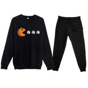 Pixel Pumpkin Eating Ghosts Cute Gamer Halloween Gift Premium Crewneck Sweatsuit Set