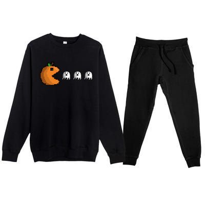 Pixel Pumpkin Eating Ghosts Cute Gamer Halloween Gift Premium Crewneck Sweatsuit Set