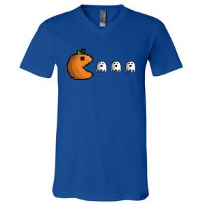 Pixel Pumpkin Eating Ghosts Cute Gamer Halloween Gift V-Neck T-Shirt