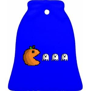 Pixel Pumpkin Eating Ghosts Cute Gamer Halloween Gift Ceramic Bell Ornament