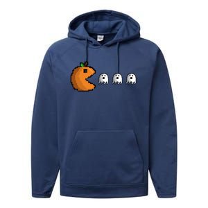 Pixel Pumpkin Eating Ghosts Cute Gamer Halloween Gift Performance Fleece Hoodie