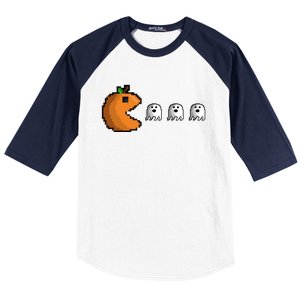 Pixel Pumpkin Eating Ghosts Cute Gamer Halloween Gift Baseball Sleeve Shirt