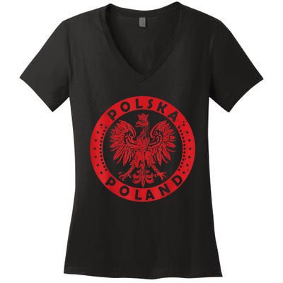 Polska Polish Eagle Vintage Distressed Poland Coat Of Arms Women's V-Neck T-Shirt