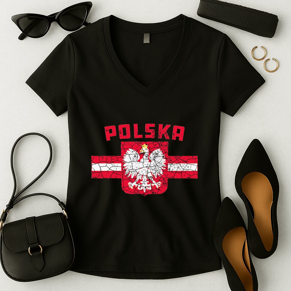 Polska Poland Flag Polish White Eagle Women's V-Neck T-Shirt