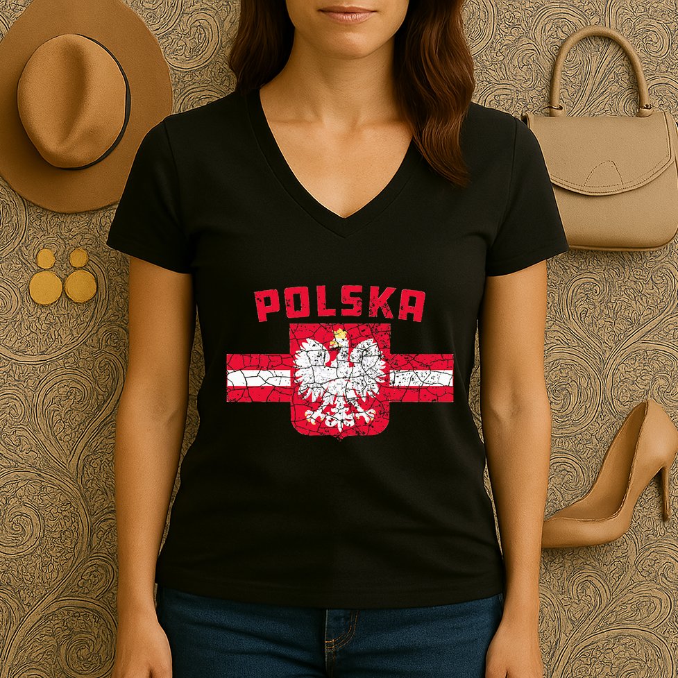 Polska Poland Flag Polish White Eagle Women's V-Neck T-Shirt