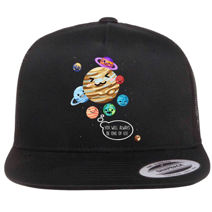 Pluto Planet Funny Space Cartoon Planets Never Forget Pluto Gift Flat Bill Trucker Hat