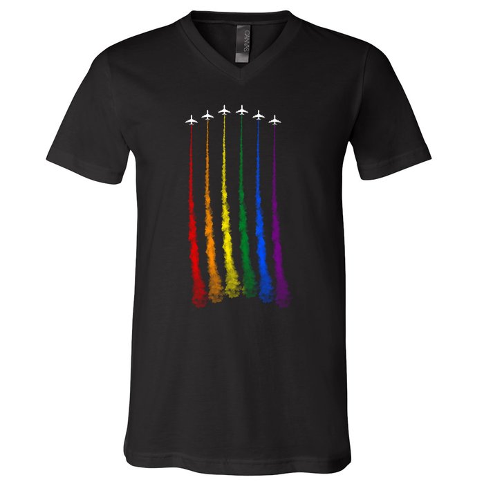 Plane Pride Flag Rainbow LGBT LGBTQ Pride Month Pride Ally V-Neck T-Shirt