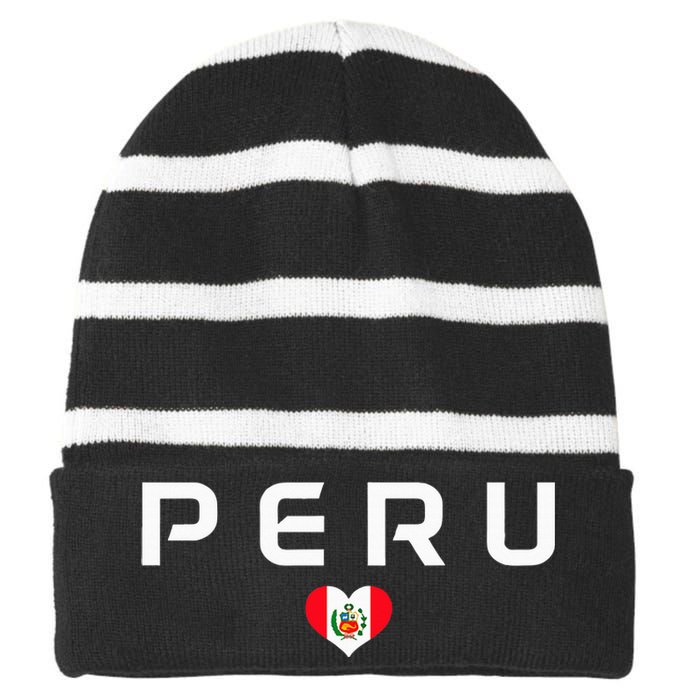 Peru Peruvian Flag Heart Pride Vintage Striped Beanie with Solid Band