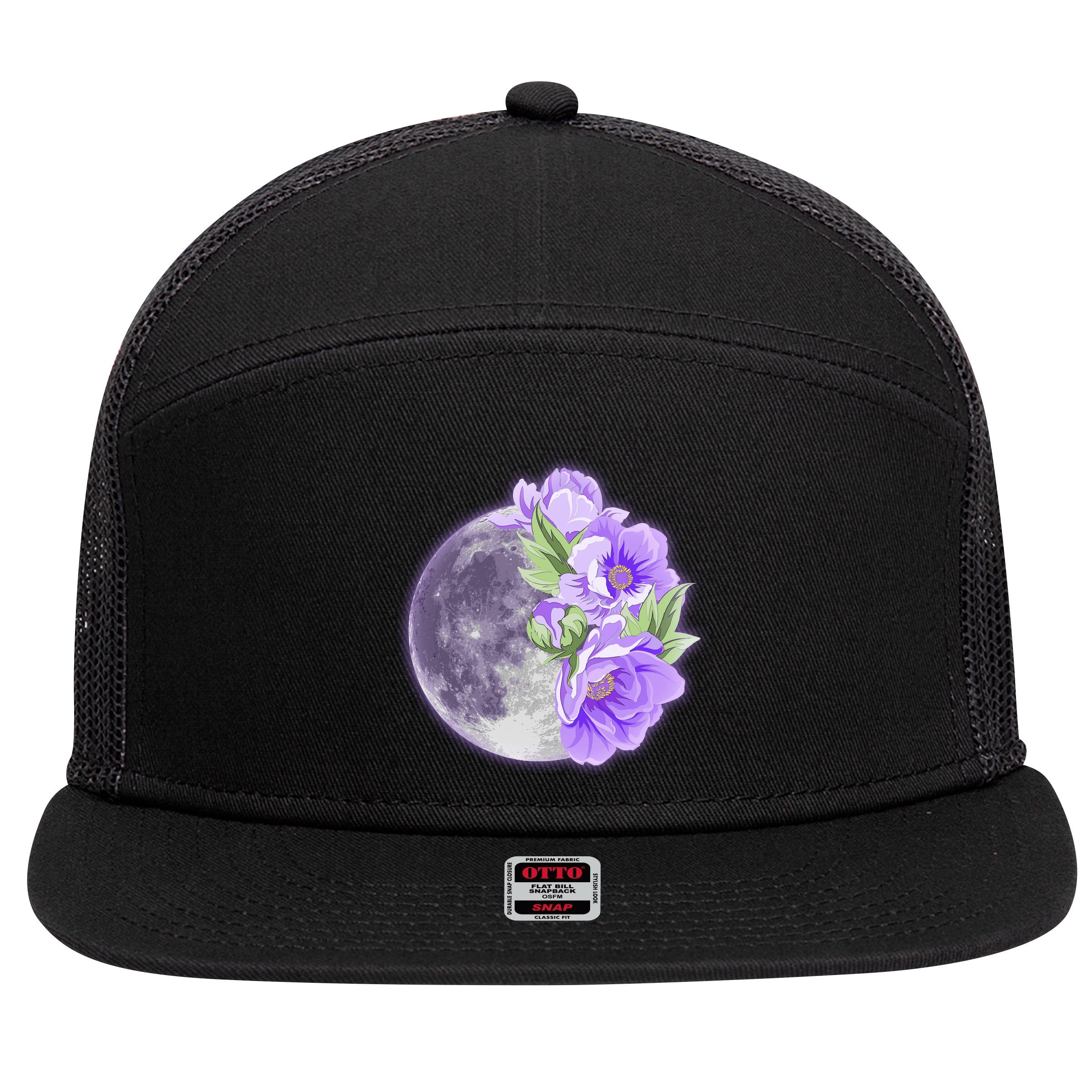 Purple Peonies Flowers Full Moon 7 Panel Mesh Trucker Snapback Hat