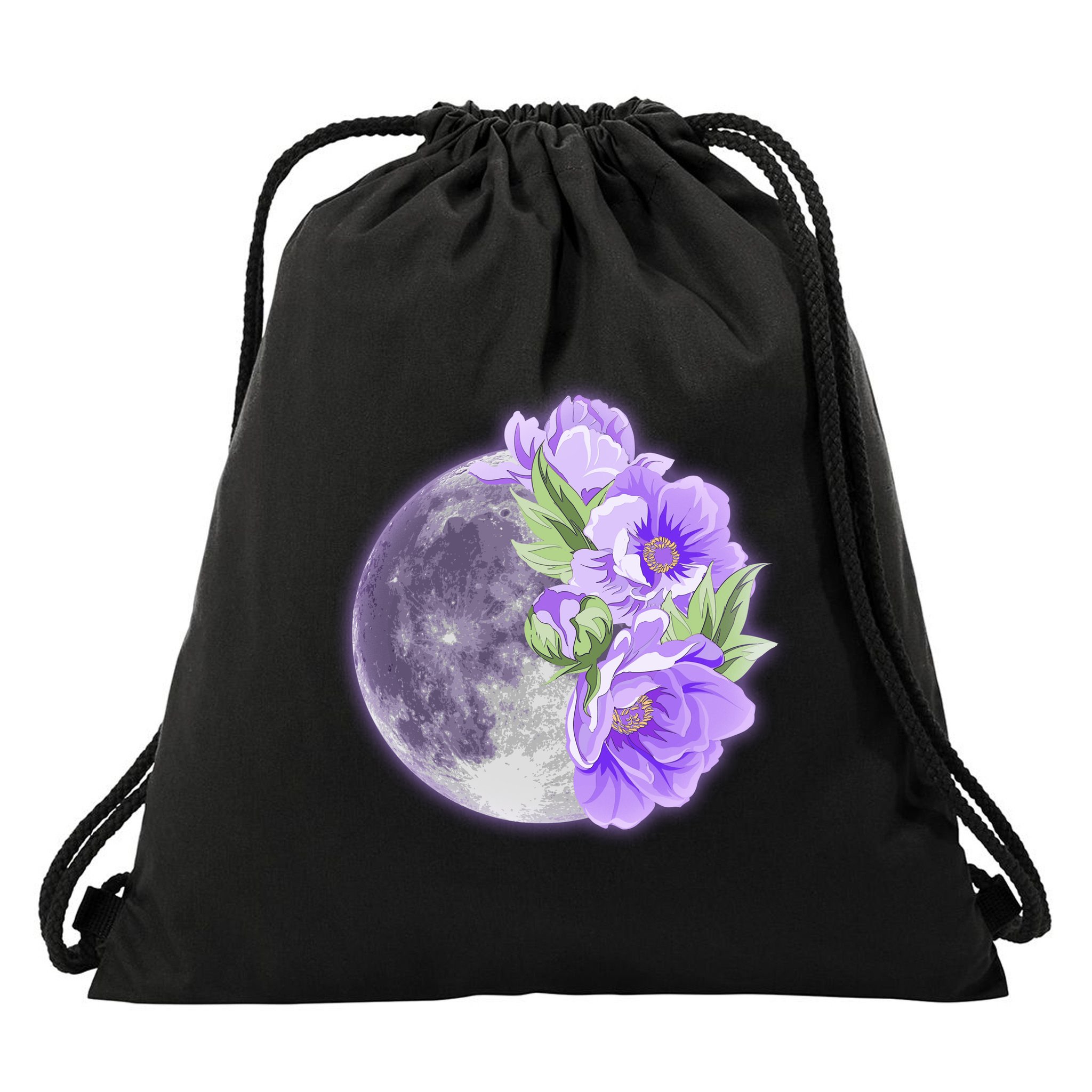 Purple Peonies Flowers Full Moon Drawstring Bag