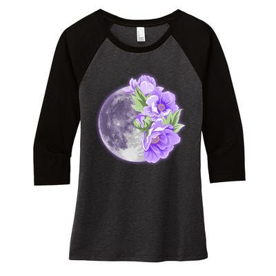 Purple Peonies Flowers Full Moon Women's Tri-Blend 3/4-Sleeve Raglan Shirt