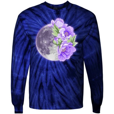 Purple Peonies Flowers Full Moon Tie-Dye Long Sleeve Shirt