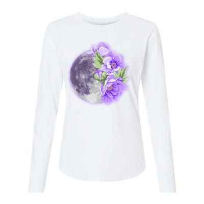 Purple Peonies Flowers Full Moon Womens Cotton Relaxed Long Sleeve T-Shirt