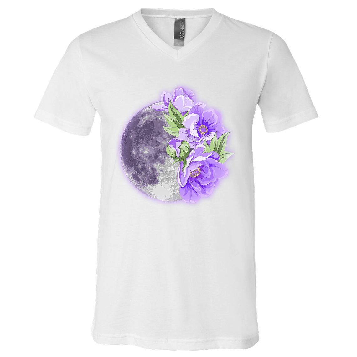Purple Peonies Flowers Full Moon V-Neck T-Shirt