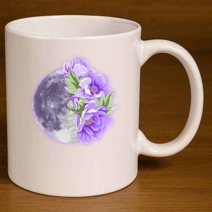 Purple Peonies Flowers Full Moon 11oz C Handle Ceramic Mug