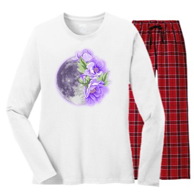 Purple Peonies Flowers Full Moon Women's Long Sleeve Flannel Pajama Set 