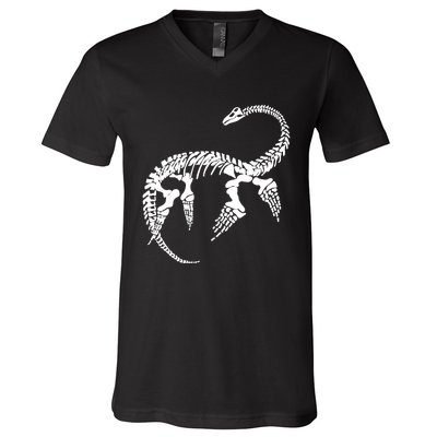 Plesiosaurus Prehistoric Fossil Skeleton (White Logo Design) V-Neck T-Shirt