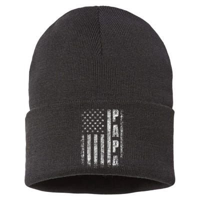 Proud Papa Funny Fathers Day 2024 Gifts Dad America USA flag Sustainable Knit Beanie