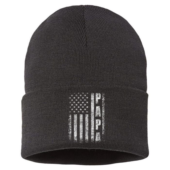 Proud Papa Funny Fathers Day 2024 Gifts Dad America USA flag Sustainable Knit Beanie