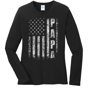 Proud Papa Funny Fathers Day 2024 Gifts Dad America USA flag Ladies Long Sleeve Shirt