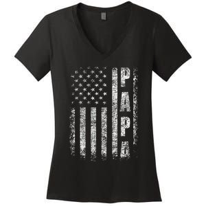 Proud Papa Funny Fathers Day 2024 Gifts Dad America USA flag Women's V-Neck T-Shirt