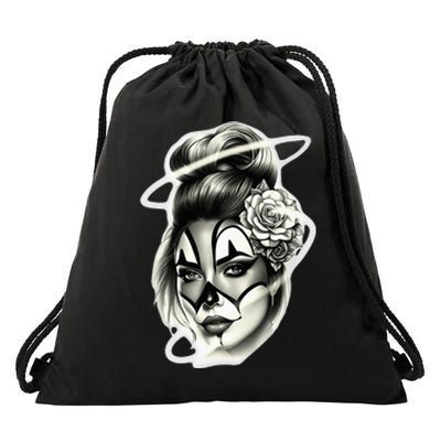 Payasa Pretty Girl X Chicano Clown Girl X Rose Blackwork Drawstring Bag