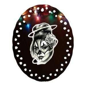 Payasa Pretty Girl X Chicano Clown Girl X Rose Blackwork Ceramic Oval Ornament