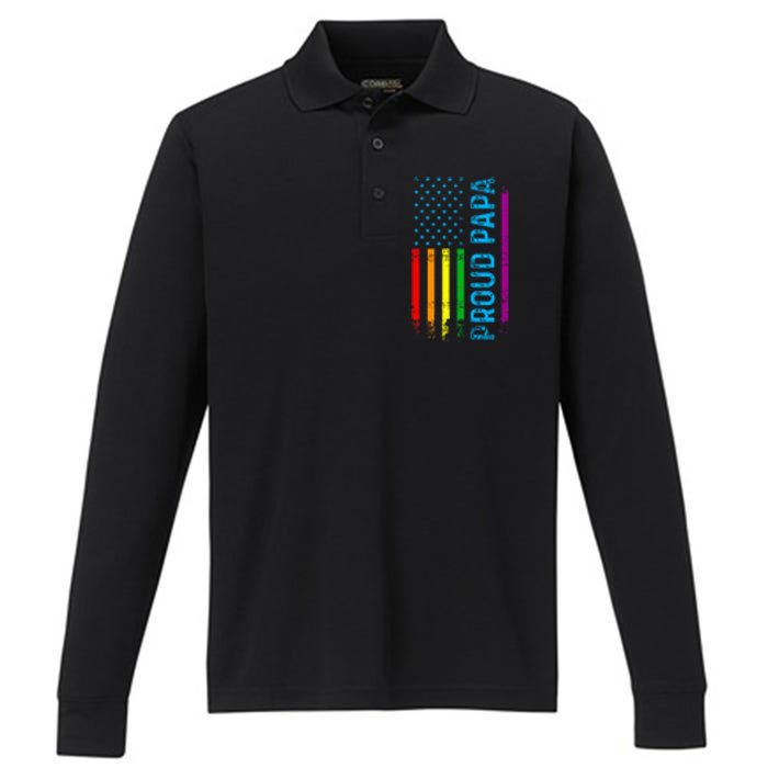 Proud Papa Grandpa Dad L.G.B.T L.G.B.T.Q G.A.Y Pride Rainbow Flag Performance Long Sleeve Polo