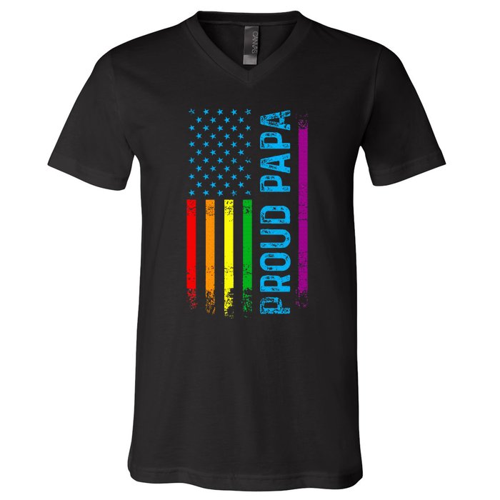 Proud Papa Grandpa Dad L.G.B.T L.G.B.T.Q G.A.Y Pride Rainbow Flag V-Neck T-Shirt