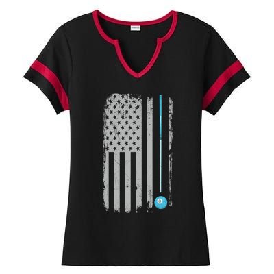 Pool Player Gift Billiards 8 Ball Vintage American Flag Ladies Halftime Notch Neck Tee