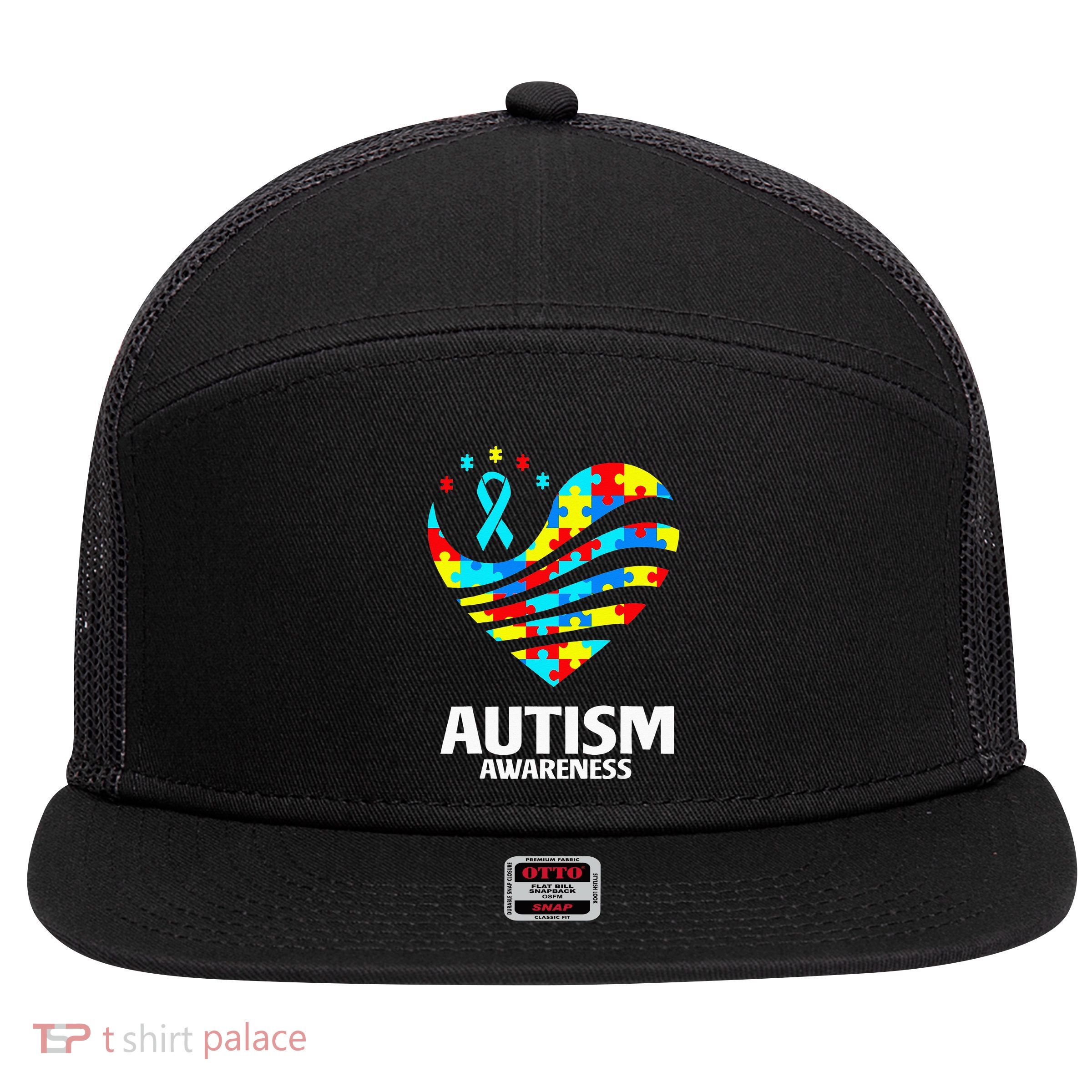 Puzzle Pieces Heart Autistic World Autism Awareness 7 Panel Mesh Trucker Snapback Hat