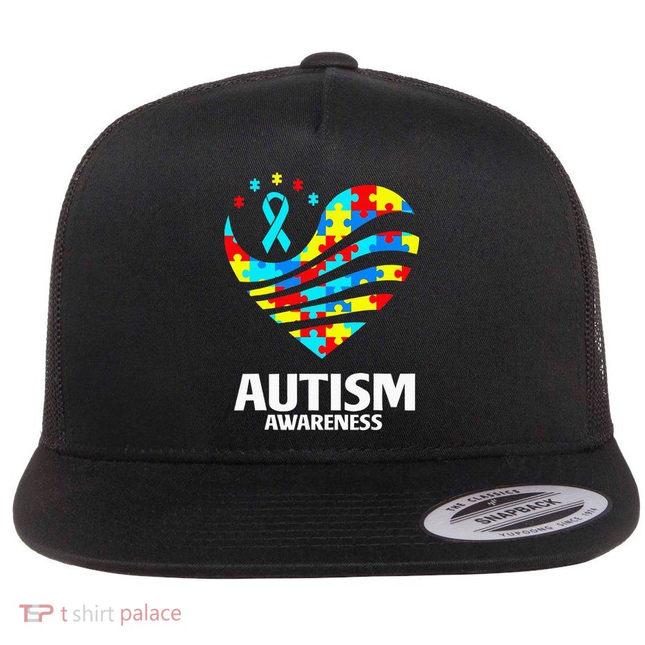 Puzzle Pieces Heart Autistic World Autism Awareness Flatbill Hat